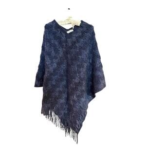 Seven Island Navy Blue Sequined Multi-Texture Fringe Poncho One Size Plus
